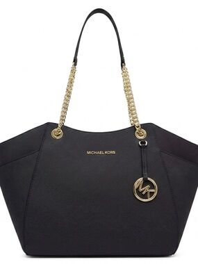 Michael Kors Jet Set Travel Black Saffiano Leather Chain Tote Purse NWT MK⁠